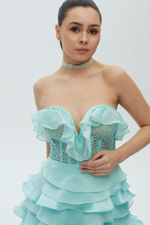 SHINY FRILL DETAILED LACE MINI DRESS